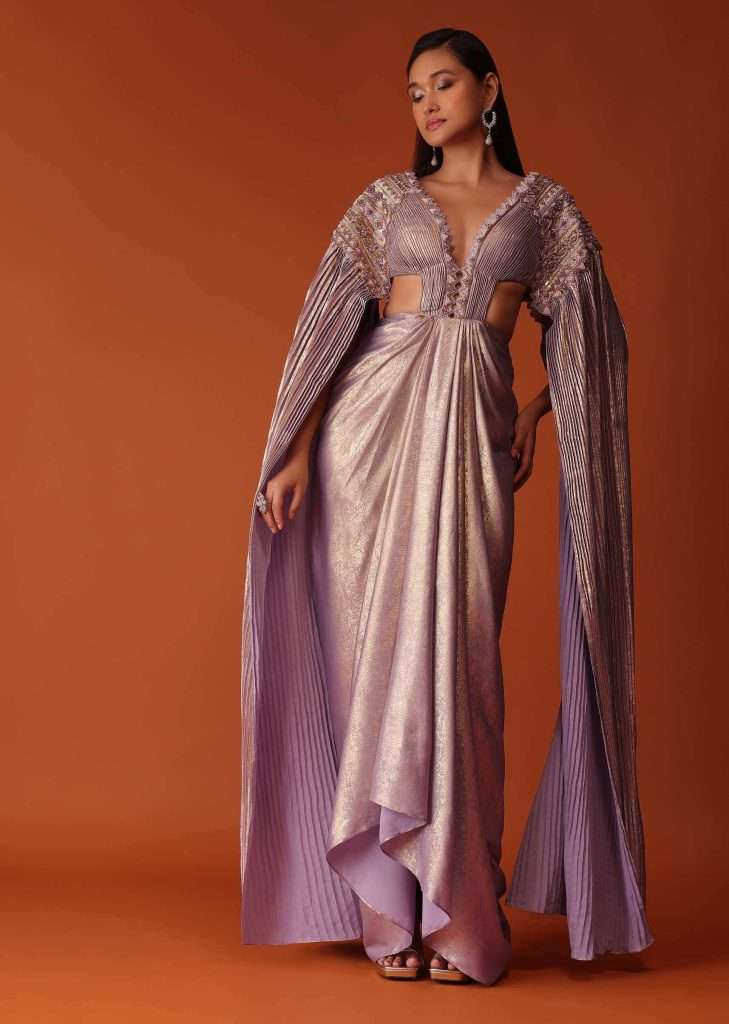 Mauve Purple Embroidered Shimmer Bridesmaid Gown With Fitted Drape

