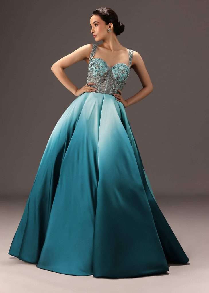 Blue Ombré Flared Gown With Tone On Tone Embroidery

