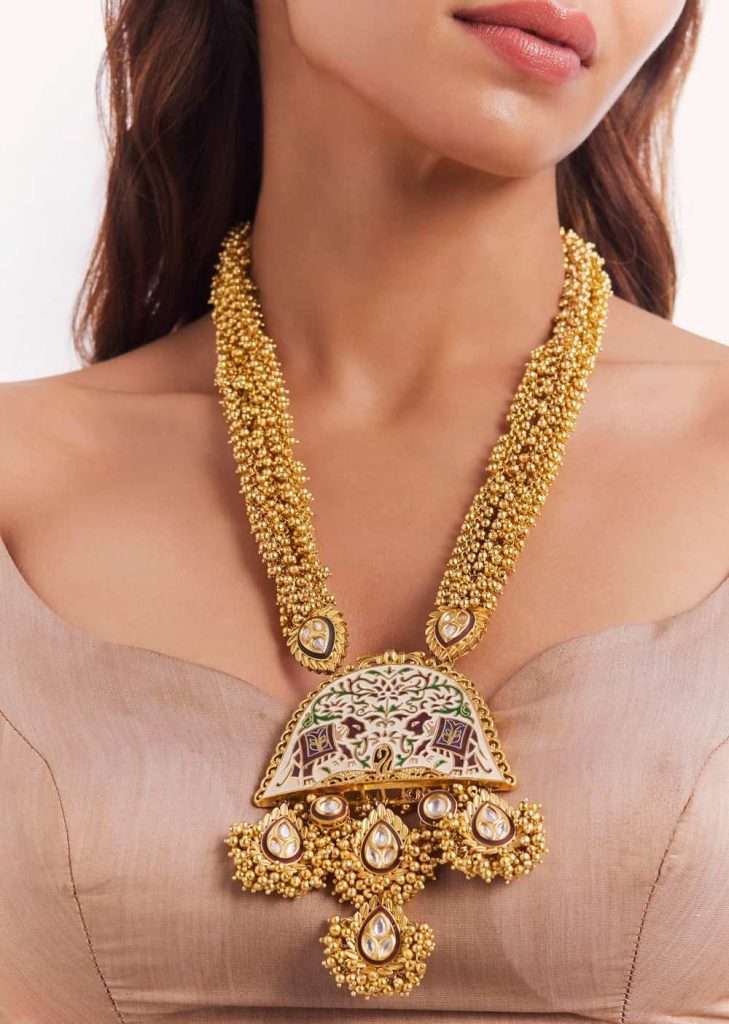 Gold Finish Kundan Polki With Meenakari Long Necklace Set


