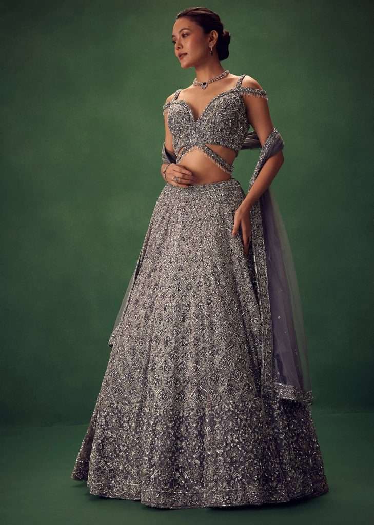 Grey Hand Embroidered Sequin Work Lehenga Set

