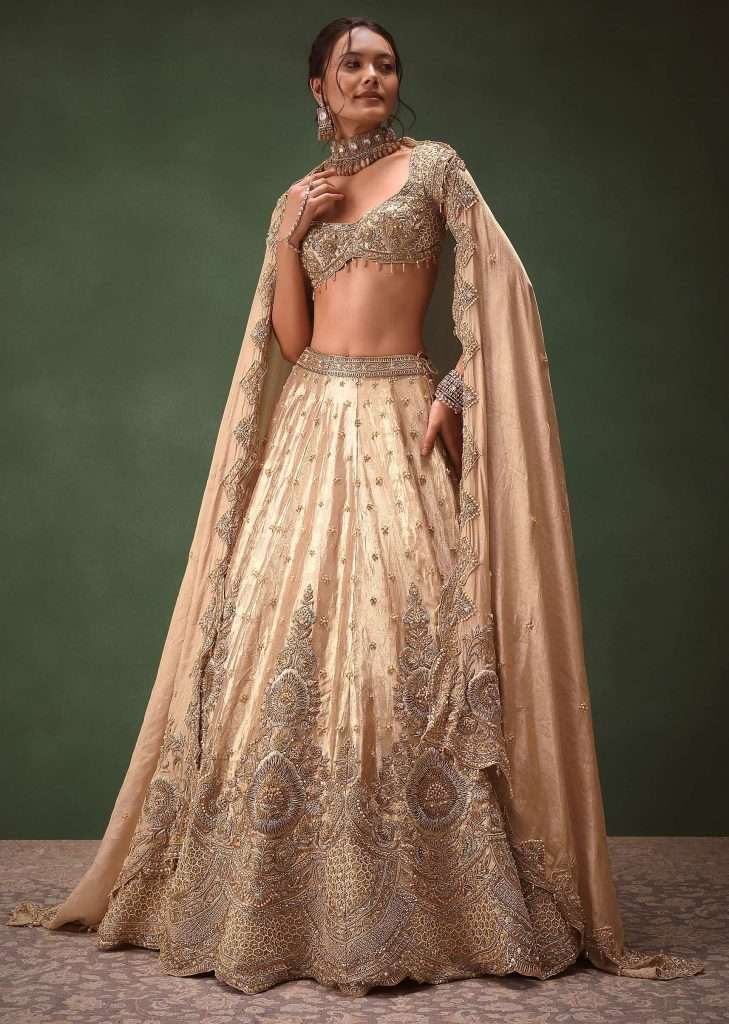 Dusty Pink Brocade Hand Embroidered Bridal Lehenga With Two Dupattas

