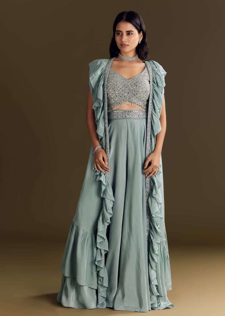 Ice Blue Crepe Croptop And Palazzo Set With Ruffled Jacket