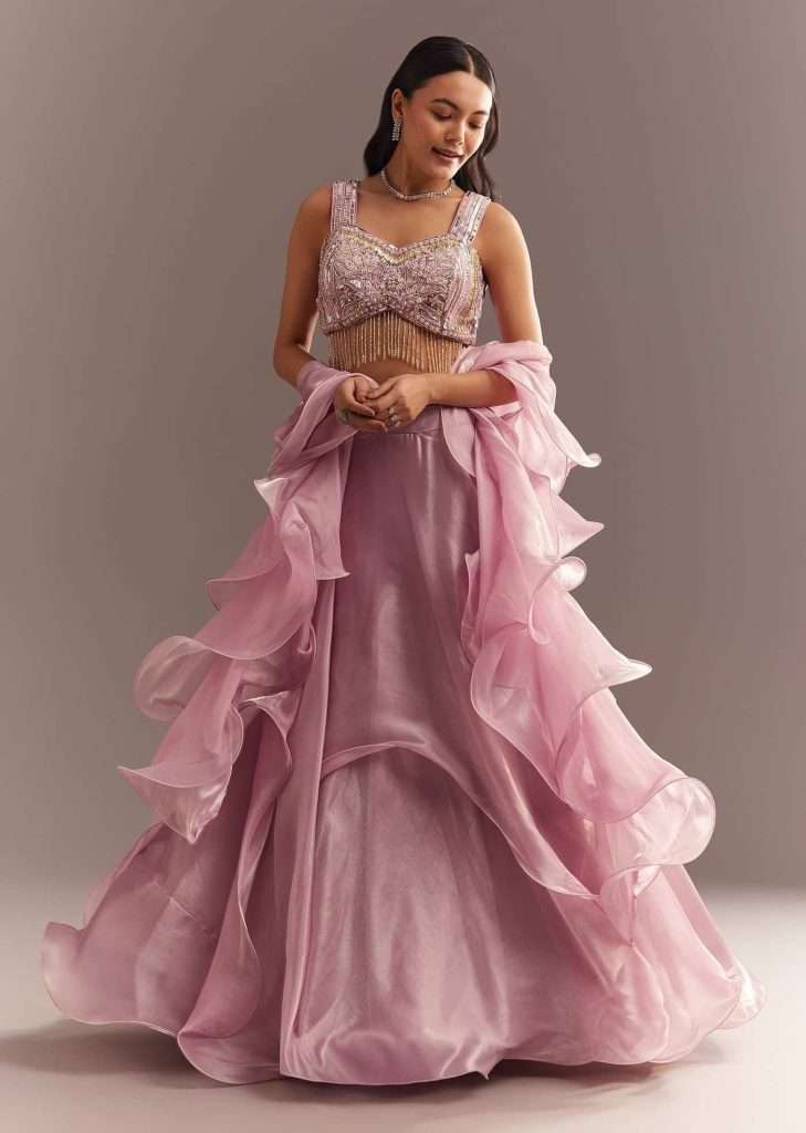 Baby Pink Organza Ruffled Lehenga Choli With Sequins

