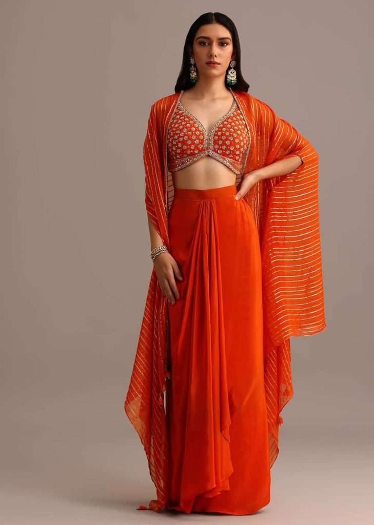 Orange Embroidered Croptop With Pleated Skirt And Chanderi Jacket