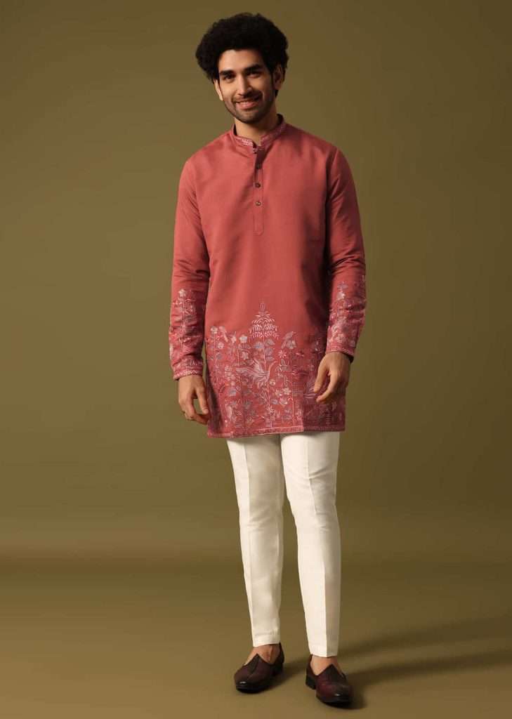 Rust Orange Kurta Set In Resham Work For Men