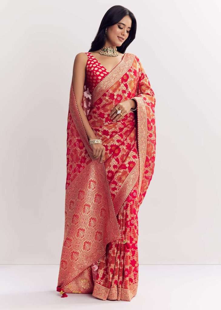 Red Shaded Dola Silk Saree With Zari Jaal Work


