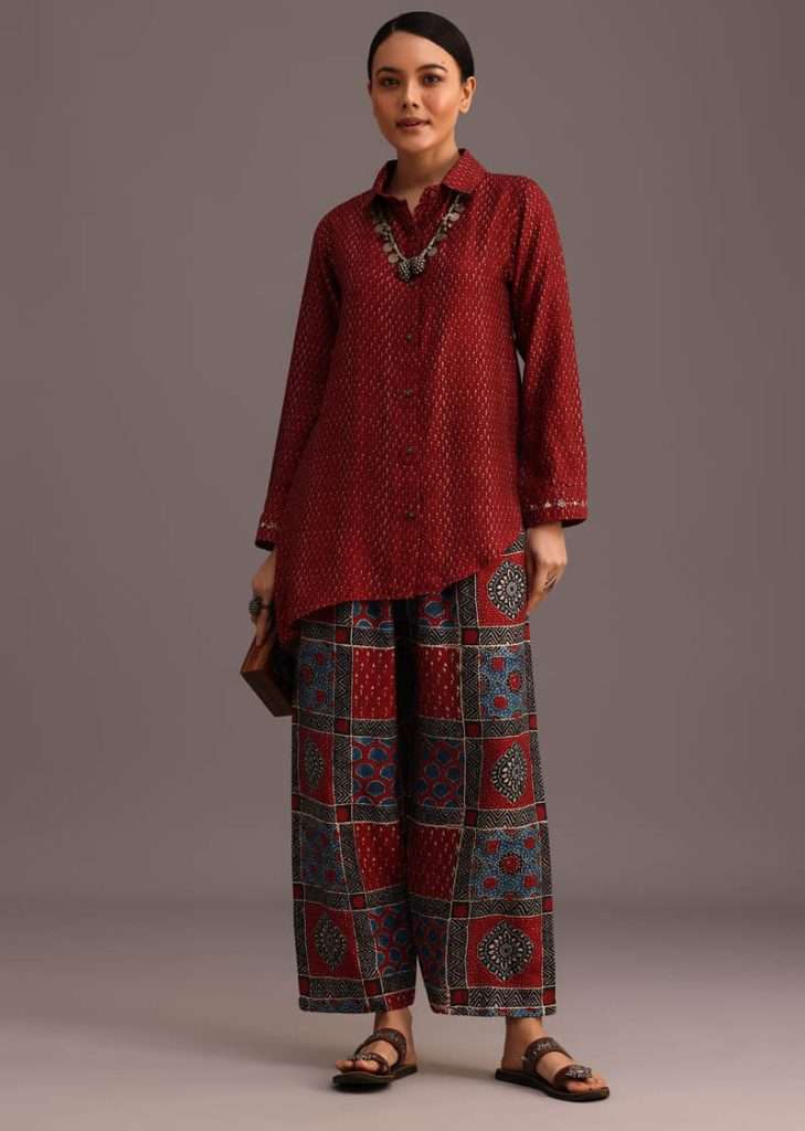 Red Ajrakh Printed Shirt And Pant With Embroidery
