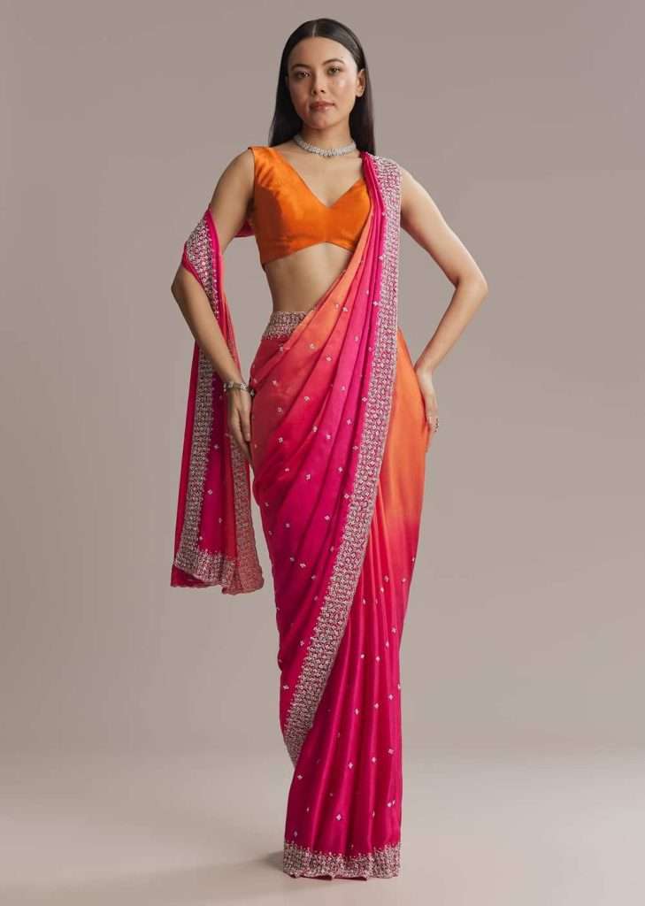 Festive Fashion 2025: Traditional Diwali Outfits for Men and Women 1 Hot Pink And Orange Chinon Saree With Heavy Embroidery