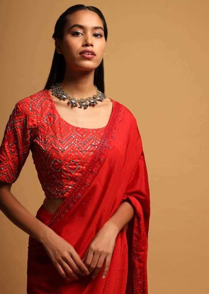 Bright Red Blouse In Silk Blend With Bandhani Print And Mirror Embroidery In Geometric Design

