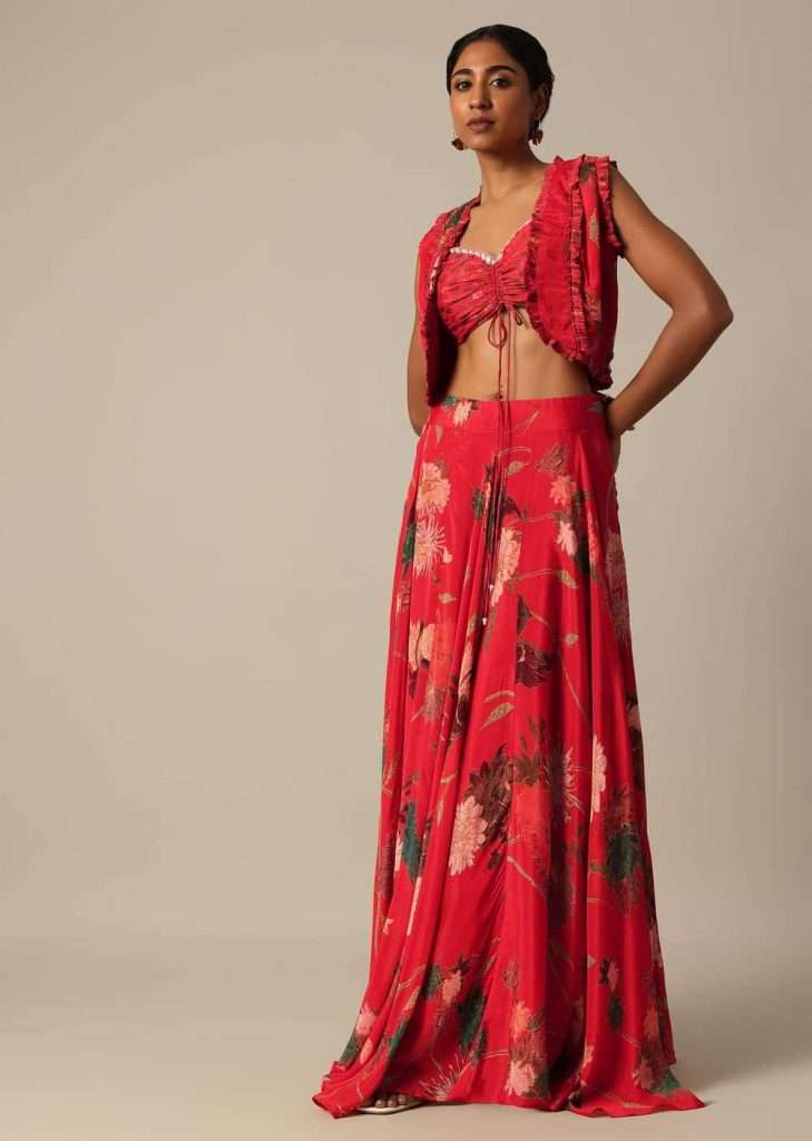 Red Printed Lehenga And Jacket Set In Chiffon
