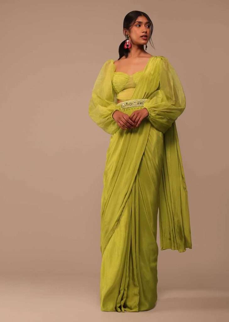 Mustard Yellow Saree With Bishop Sleeve Blouse And Hand Worked Belt
