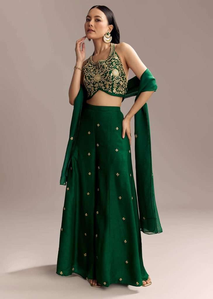 Festive Fashion 2025: Traditional Diwali Outfits for Men and Women 2 Emerald Green Silk Crop Top And Palazzo Set With Zari Work