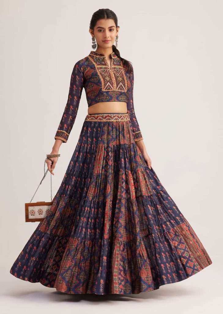 Navy Blue Silk Skirt Set With Orange Indie Prints
