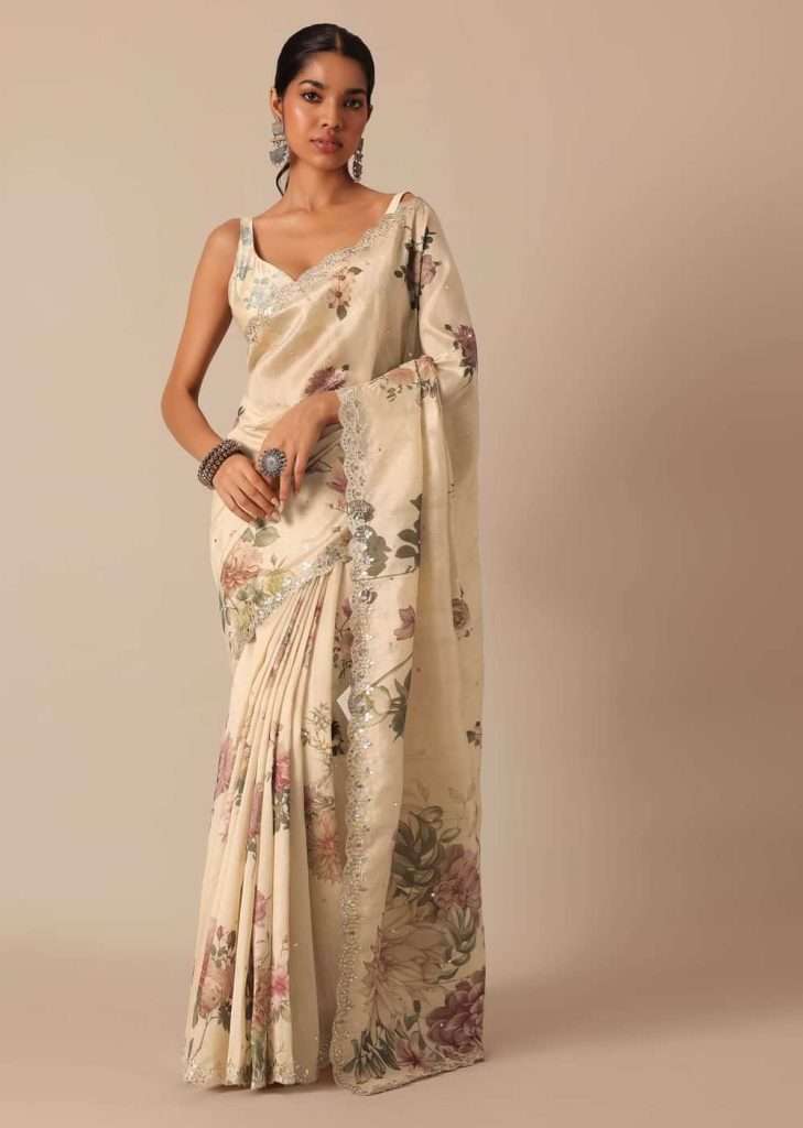 White Tussar Saree With Scallop Border And Unstitched Blouse Piece
