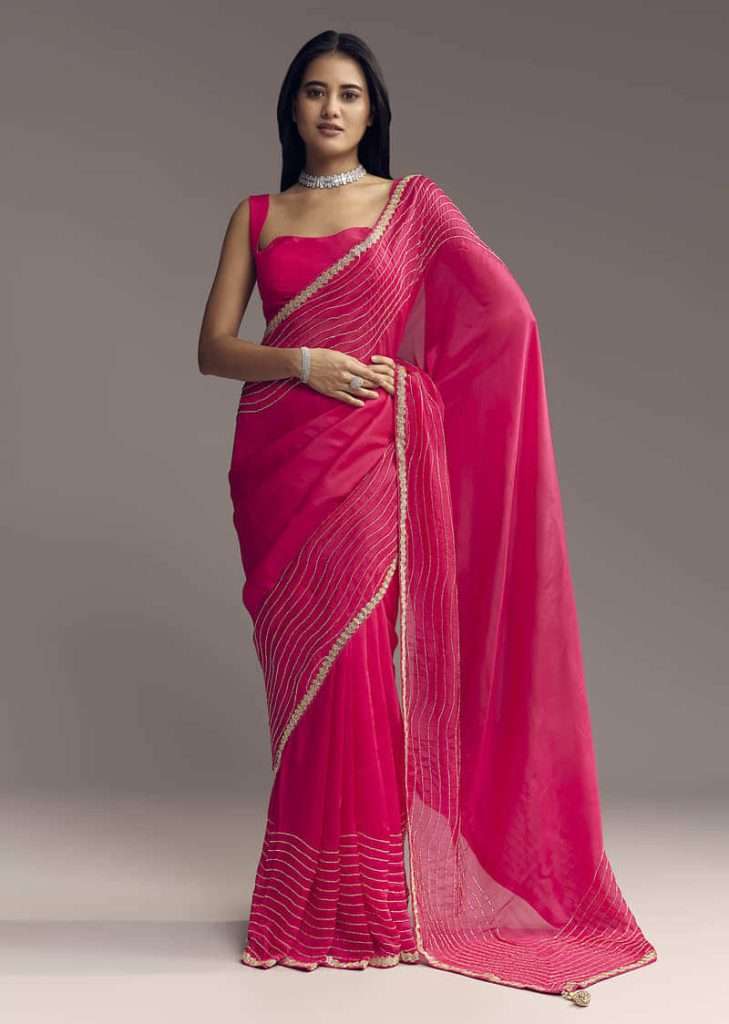 Hot Pink Organza Saree With Stone And Cut Dana Work

