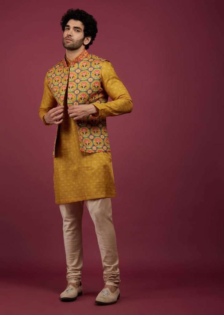 Amber Yellow Silk Patola Printed Bandi With Kurta Set

