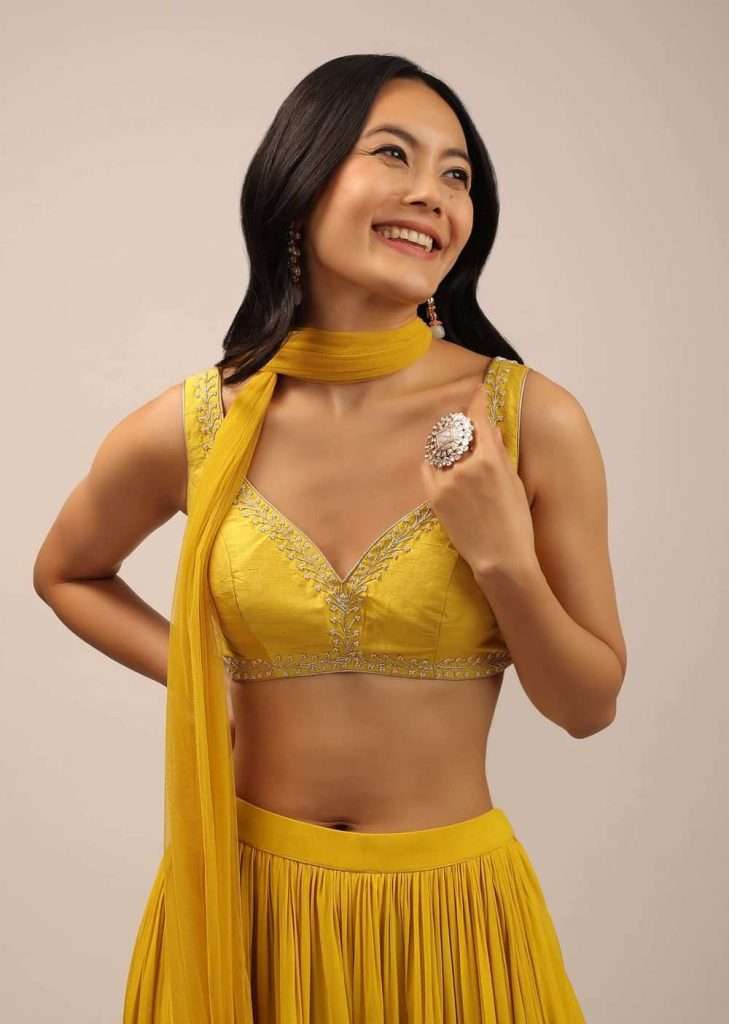 Yellow Festive Blouse With Thread Work And Sweetheart Neckline

