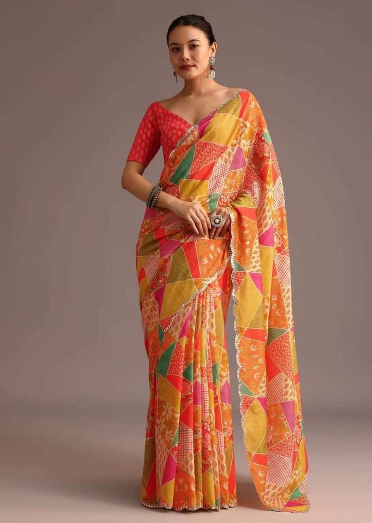 Multi Coloured Printed Muslin Saree With Unstitched Blouse
