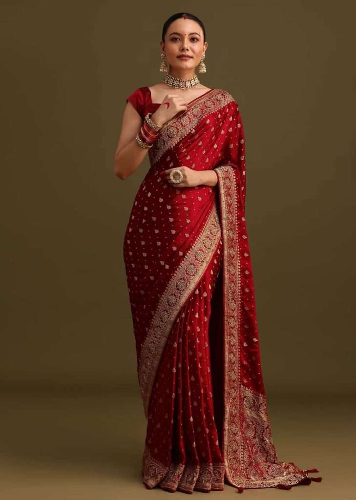 Maroon Satin Zardosi And Cutdana Embroidered Saree

