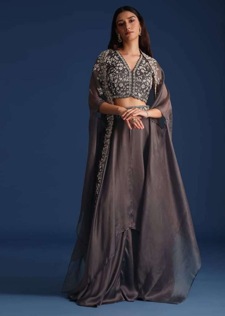 Dark Grey Asymmetric Organza Jacket With Crop Top And Draped Skirt
