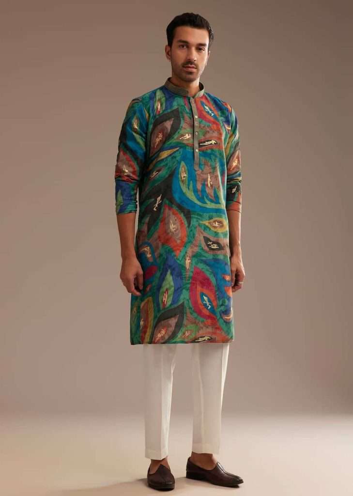 Peacock Blue Multi Color Silk Abstract Printed Kurta Set
