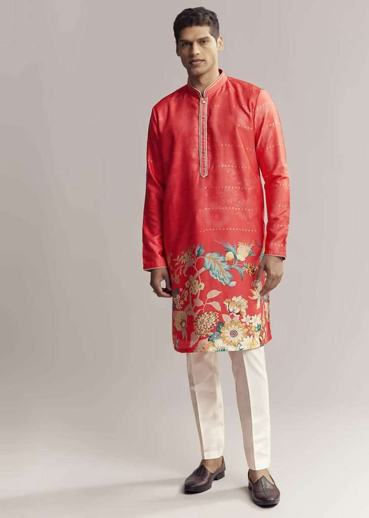 Red Silk Kurta Set For Men With Floral Print

