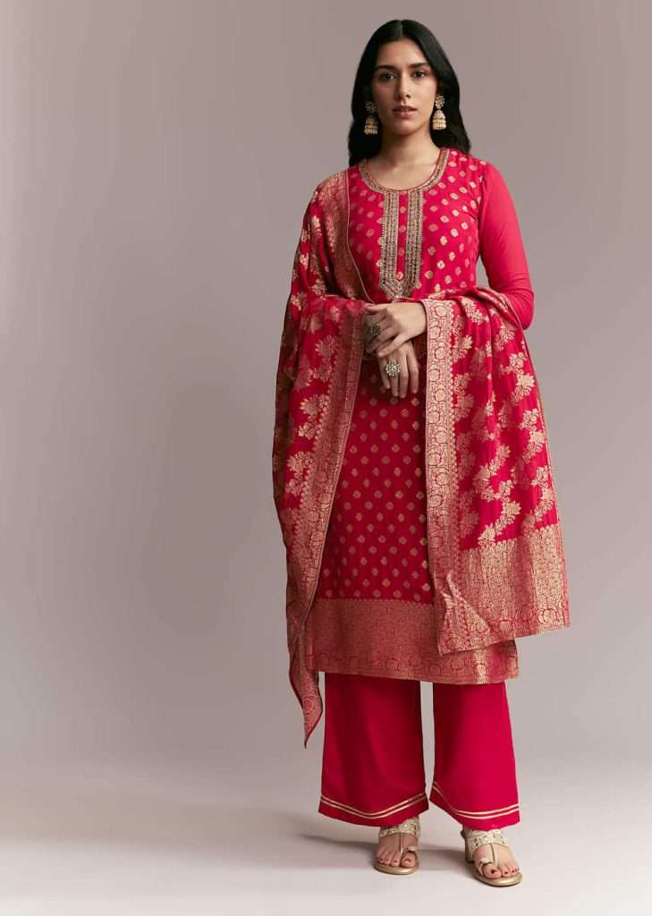 Pink Banarasi Kurta Set with Mirror Work

