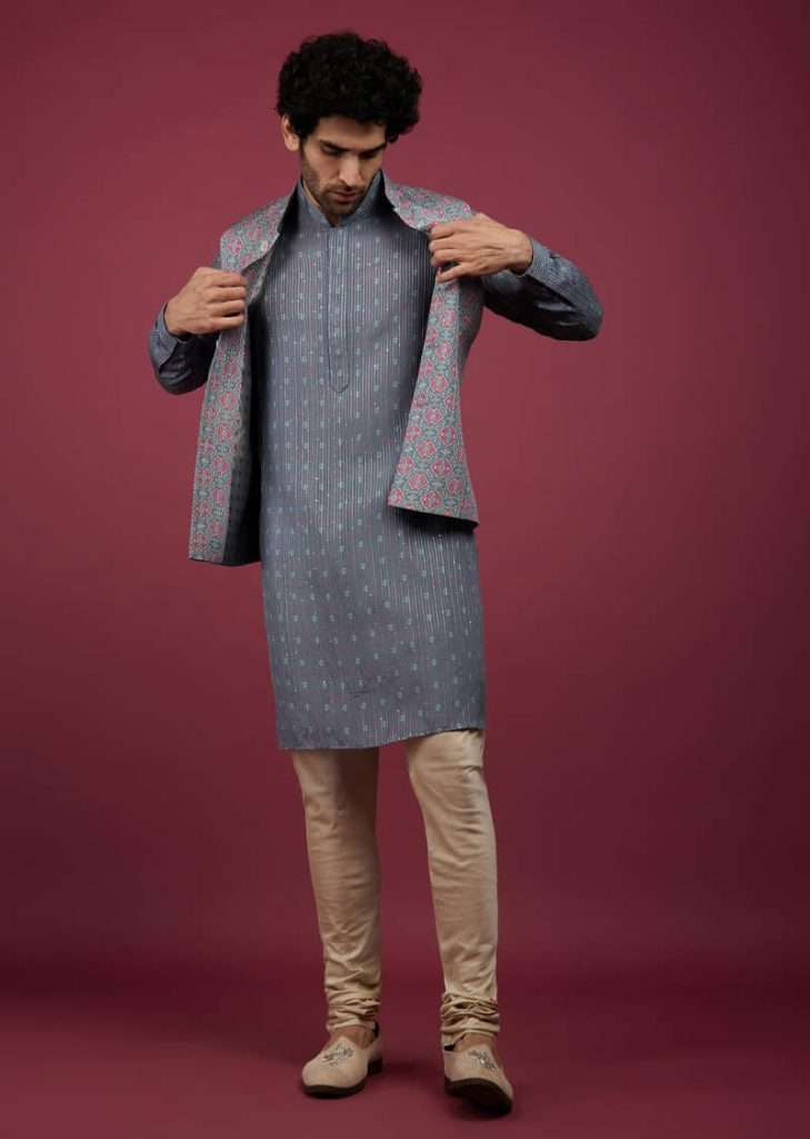 Mauve Purple Silk Printed Bandi And Kurta Set With Zari Work
