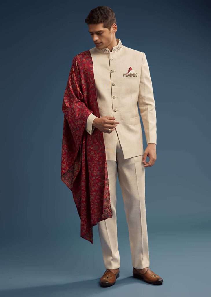 Festive Fashion 2025: Traditional Diwali Outfits for Men and Women 5 Beige Jacquard Jodhpuri Suit For Men With Pashmina Dupatta