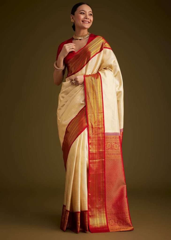 Beige Kanjivaram Silk Saree With Contrast Border
