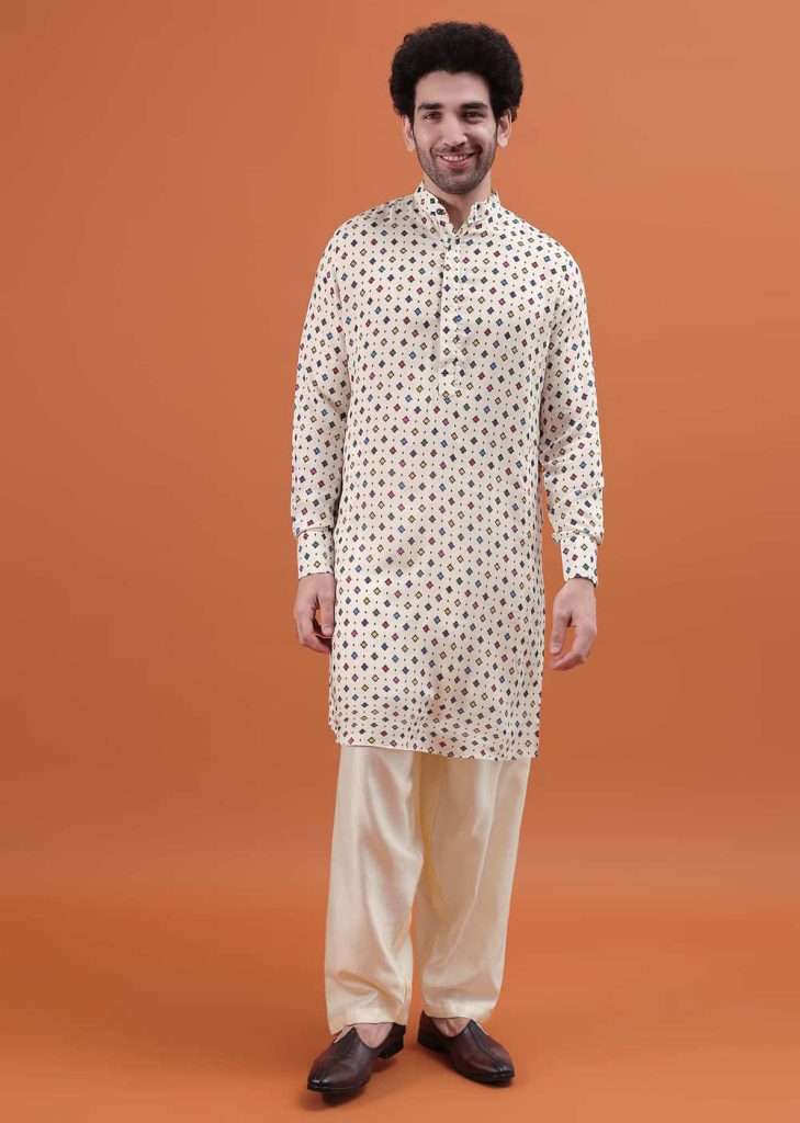 Ivory Patola Printed Kurta Jacket Set For Men

