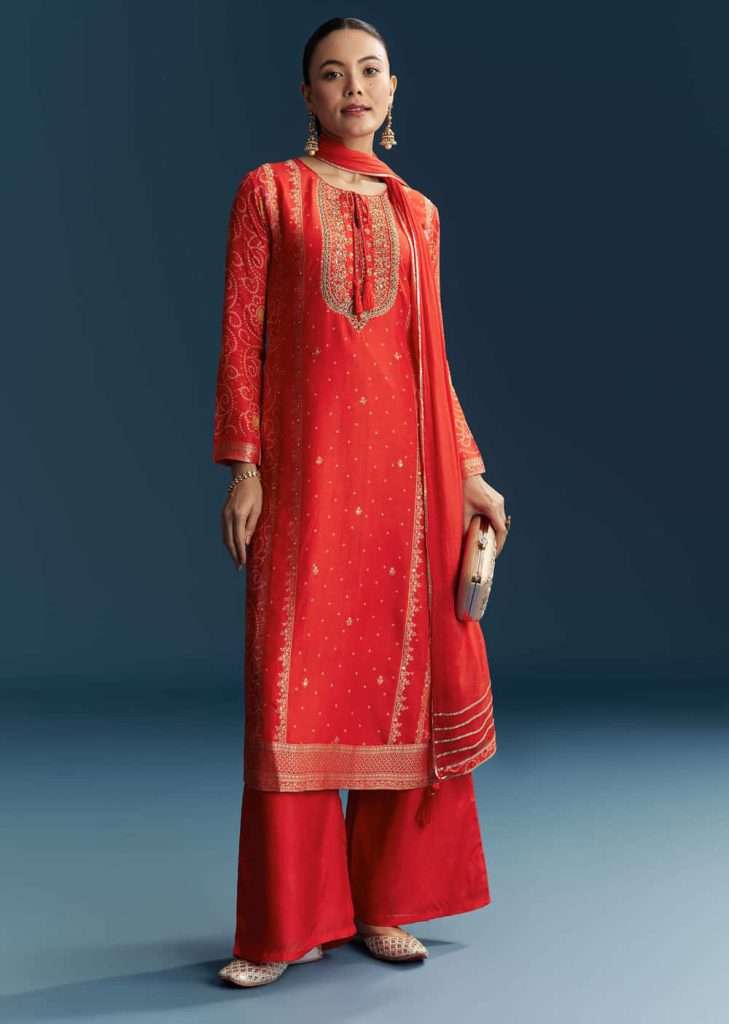 Red Silk Bandhani Palazzo Suit With Embroidery

