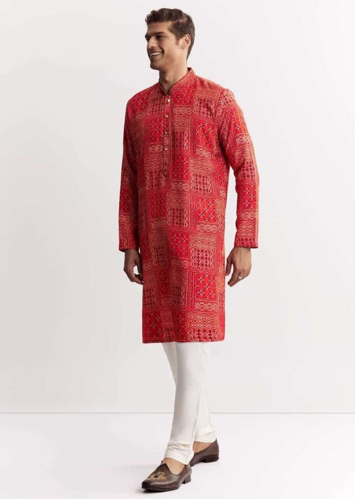 Red Silk Kurta Set With Mandarin Collar
