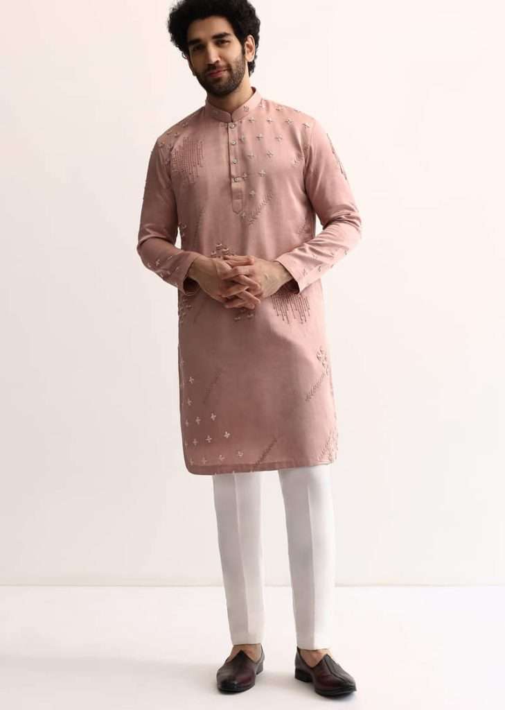 Pink Silk Handwork Kurta Set For Men
