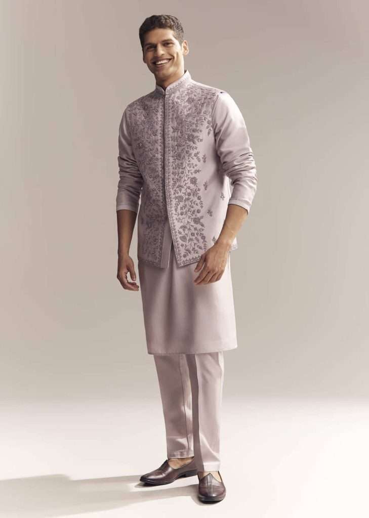 Festive Fashion 2025: Traditional Diwali Outfits for Men and Women 6 Purple Silk Kurta Jacket Set For Men With Heavy Embroidery