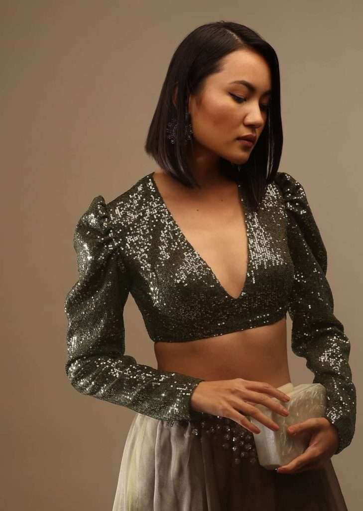 Olive Night Sequins Blouse With A V Neckline Full Sleeves And A Covered Back Neck

