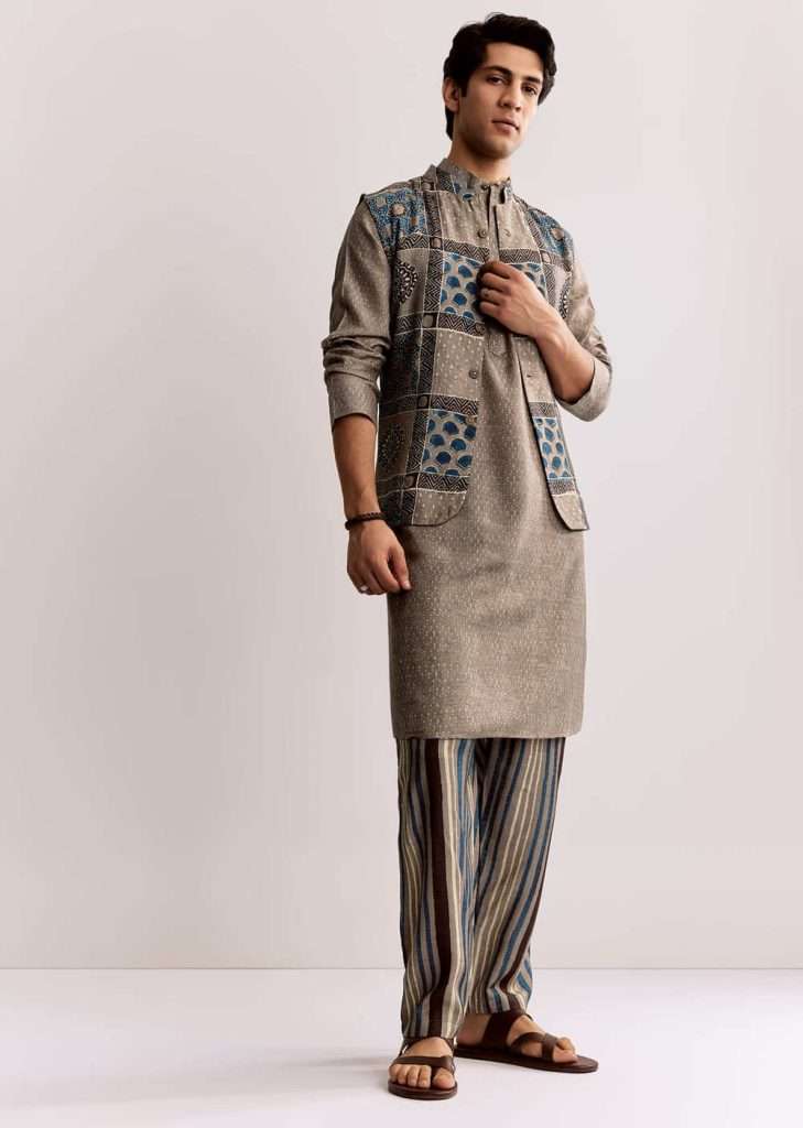 Grey Linen Kurta Jacket Set With Ajrakh Print
