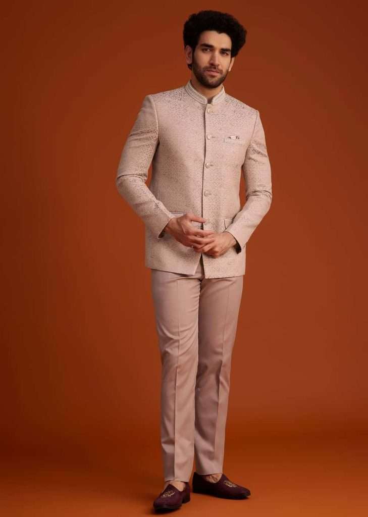 Peach Textured Bandhgala Suit

