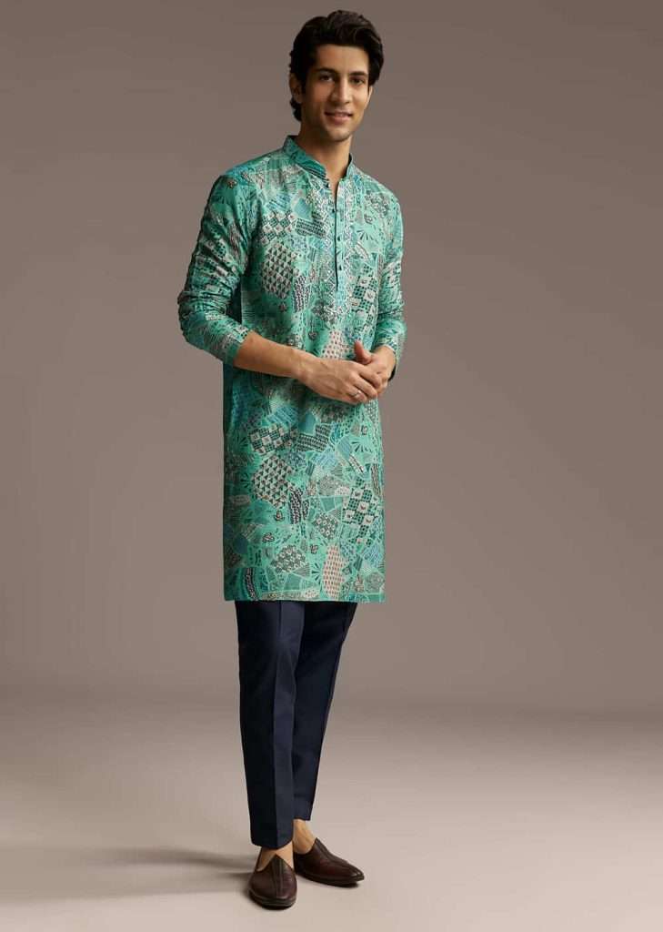 Green Silk Printed Kurta Set For Men With Mirror Work

