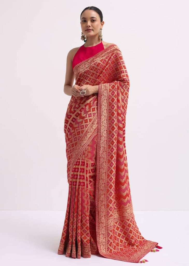 Hot Pink Woven Khadi Georgette Saree With Unstitched Blouse
