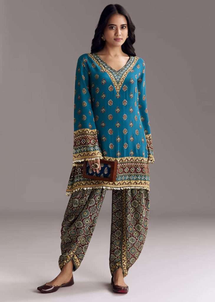 Blue Printed Dhoti Set With Ajrakh Detail

