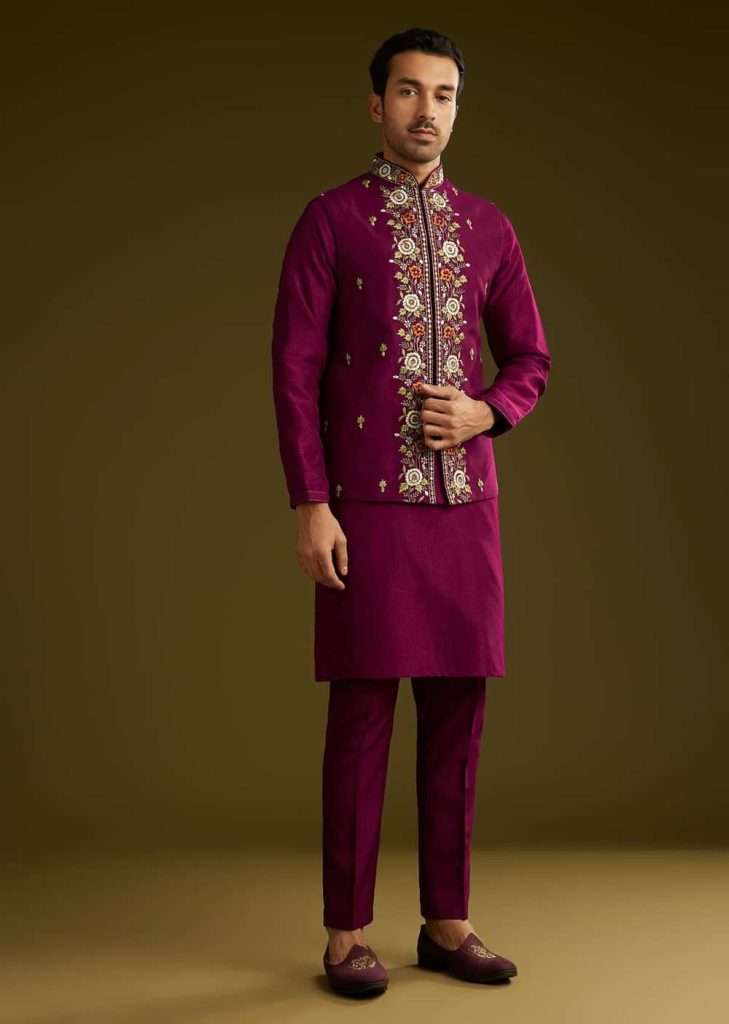 Wine Cotton Silk Kurta Set With Embroidered Lapel Jacket

