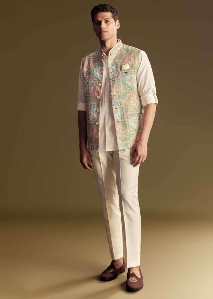 Multi Color Linen Jacket And Shirt Featuring Kantha Detailing
