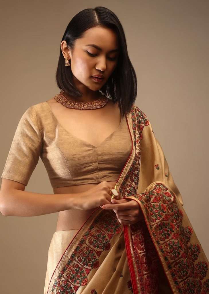 Apple Cinnamon Half Sleeveless Blouse In A Sweetheart Neckline Raw Silk With Front Hooks Closure

