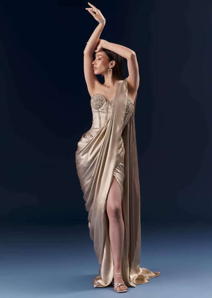 Gold Crepe Crop Top And Drape Skirt Set With Embroidery