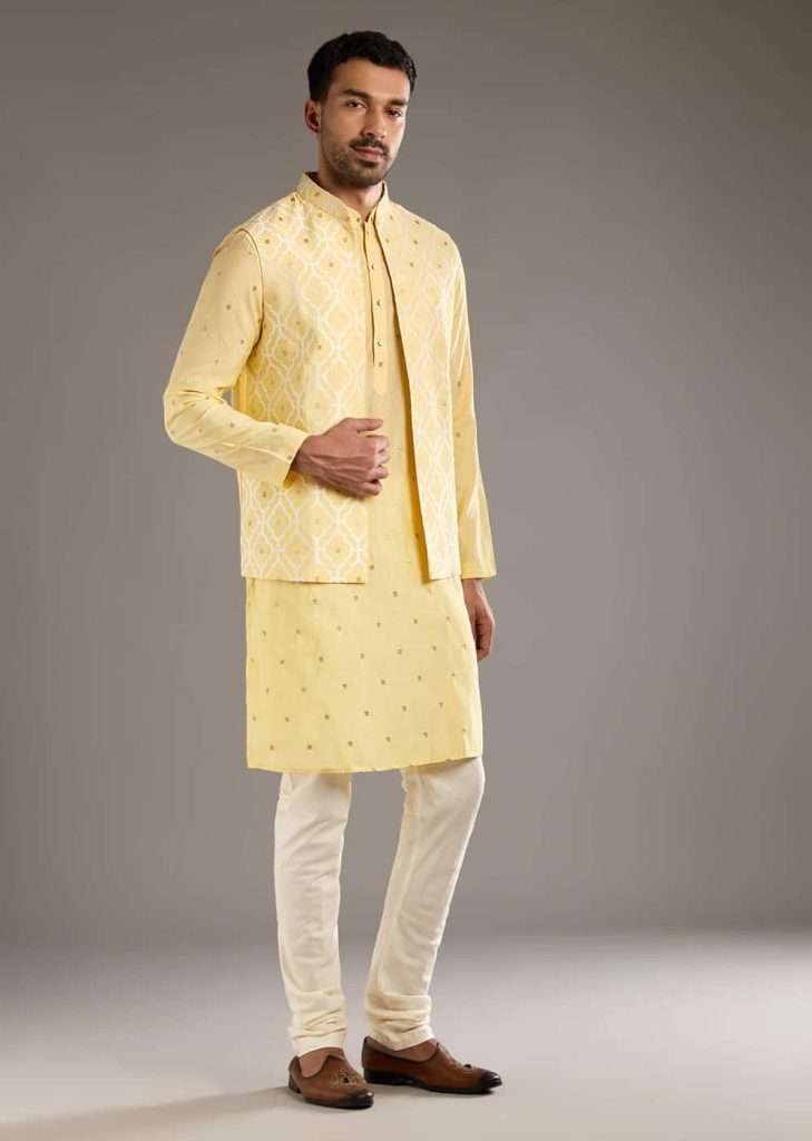 Yellow Kurta Jacket Set For Men With Hand Embroidery