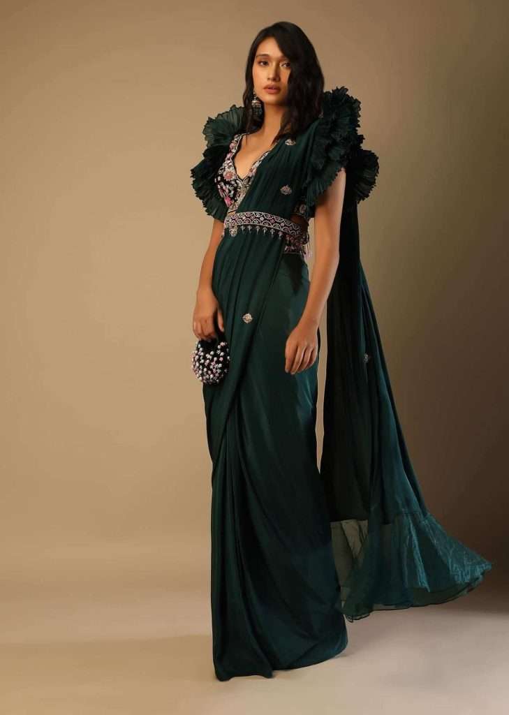 Bottle Green Readymade Saree With A Colorful Hand Embroidered Blouse With Fancy Layered Frill Sleeves  