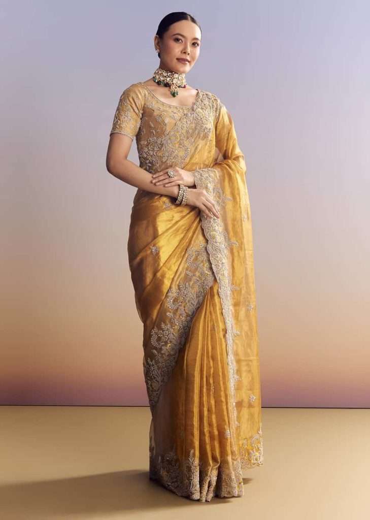 Mustard Yellow Tissue Saree With Golden Zardosi Embroidery
