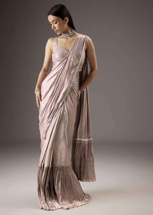 Pink Sequins Saree With Embroidered Blouse

