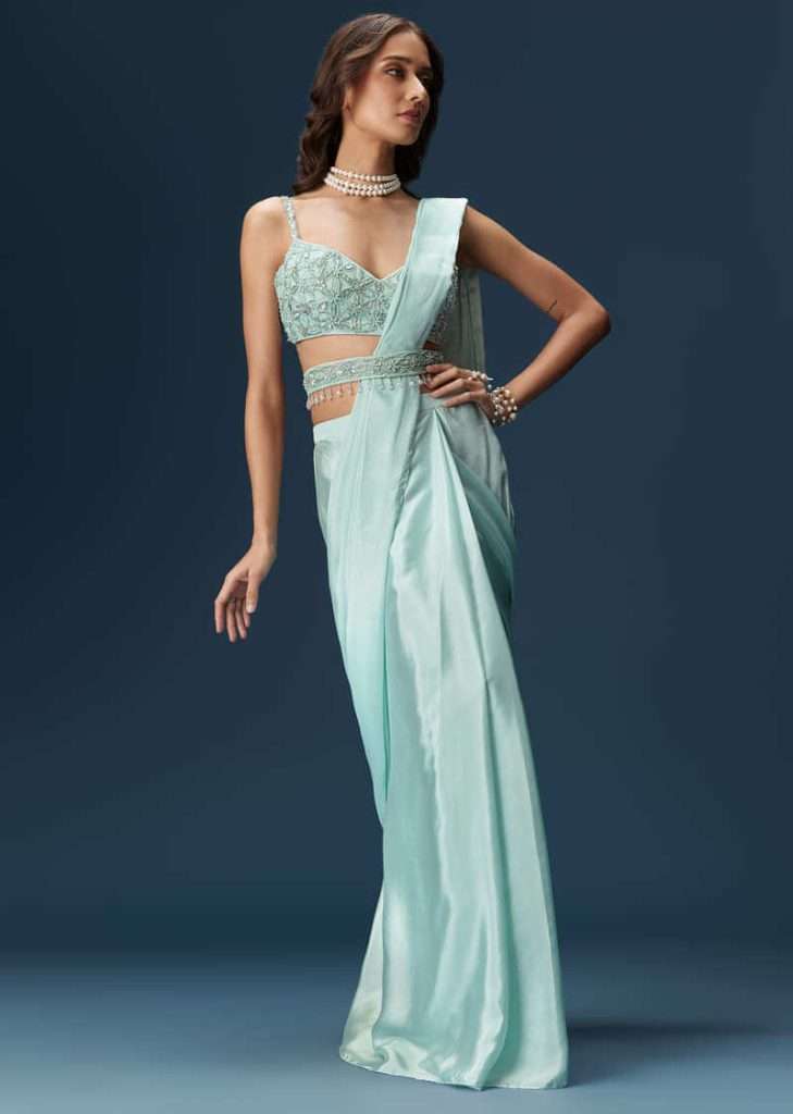 Sky Blue Ready Pleated Saree With Blouse And Belt